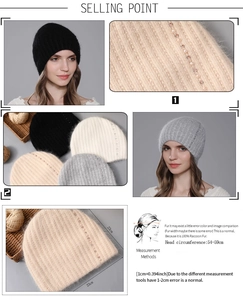 Detailed view of raccoon fur knit hat featuring pearl embellishments and size specifications