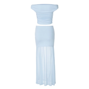 Detail view of the sky blue off-shoulder top and sheer mesh patchwork skirt two-piece set