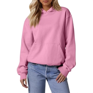 Pink oversized drawstring hoodie for women with a front kangaroo pocket in soft fabric