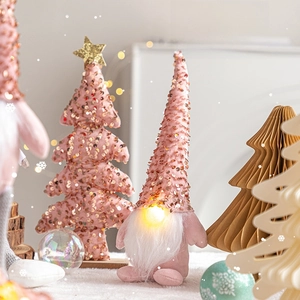 Pink sequin Christmas gnome doll and lighted tree ornament with festive LED glow