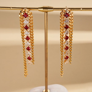 Luxury 18k gold plated drop earrings with red and white zircon tassels on golden stand