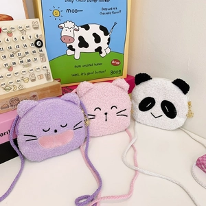 Plush panda and cat crossbody bags for kids with woven straps in purple, pink and white