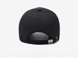 Rear view of black baseball cap showing the adjustable metal buckle and fabric strap