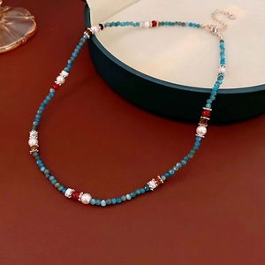 Bohemia Style Collarbone Necklace With Blue Faceted Gemstone Beads White Imitation Artificial Pearls Red Accents Copper Spacers