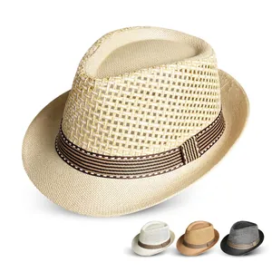 Chapeau Fedora En Paille Tissé Creux Respirant Été Protection Solaire Plage Voyage Style Britannique Bande Rayée
