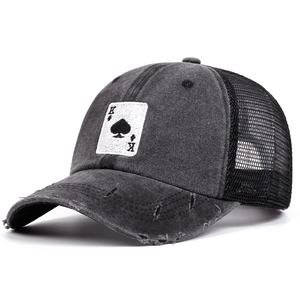 Vintage gewaschene graue Baseballkappe mit Pik-König-Stickerei und Mesh-Rückseite Design