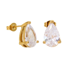 Macro detail of pear-cut cubic zirconia stud earrings with 18K gold plated prong setting