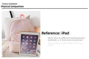 Pink mermaid backpack with holographic sequins next to an iPad for size comparison