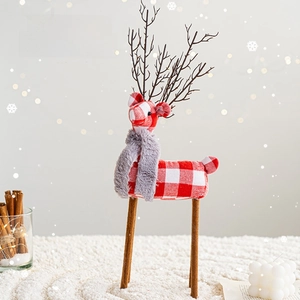 Charming red plaid cotton reindeer figurine with grey scarf for Christmas decor