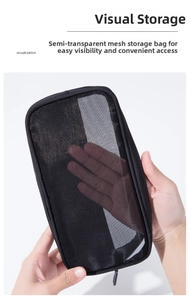Detailed view of black translucent mesh travel bag with a secure zipper closure