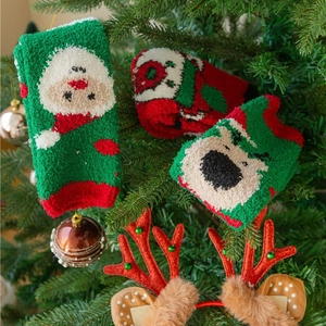 Chaussettes de Noël épaisses en polaire corail avec motifs Père Noël et bonhomme de neige