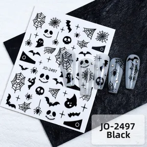 Dettaglio adesivi per unghie Halloween con ragnatele e fantasmi neri, modello JO-2497