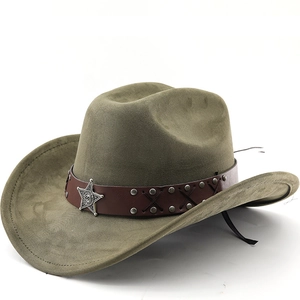 Western Cowboy Hat Wide Brim Faux Suede Sheriff Star Badge Leather Band Rivets Jazz Style For Men Women Outdoor Accessory
