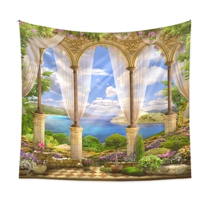 Detail of wall tapestry featuring an arched balcony view with white curtains and ocean scenery