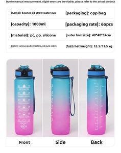 Detailed 1000ml gradient sports water bottle shown from three different angles