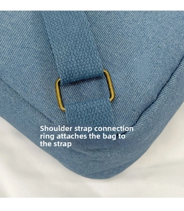 Detail of blue canvas bag featuring vintage brass hardware and durable woven strap