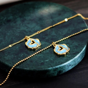 French style gold irregular round enamel necklace with blue fishtail pendant design
