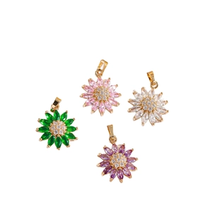 Gold-plated daisy flower pendants with colorful cubic zirconia in four vibrant colors