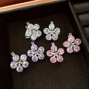 Boucles D'Oreilles Créoles Fleur En Zircon Cuivre Doux Élégant Bijoux Floraux Pour Femmes Quotidien Chic Accessoire