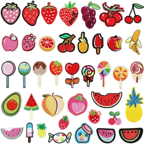 Assorted fruit and candy embroidered patches set featuring strawberry and lollipop designs