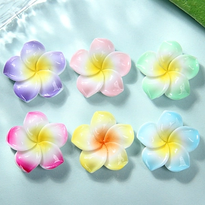 Flat lay of colorful gradient resin plumeria flower accessories for DIY hair clips