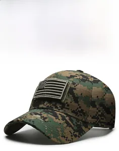 Macro shot of durable digital camouflage baseball cap with grey US flag patch detail