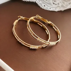 Exaggerated gold geometric hoop earrings with double-row rhinestones for women