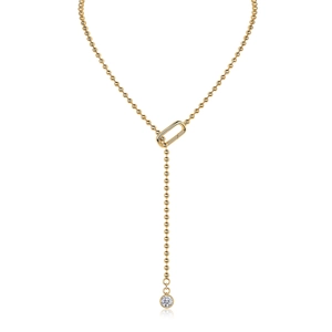 Minimalist Y-shaped golden bead chain necklace with a round sparkling zircon pendant