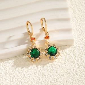 18K gold flower drop earrings with green crystal and orange zircon accents in a pair