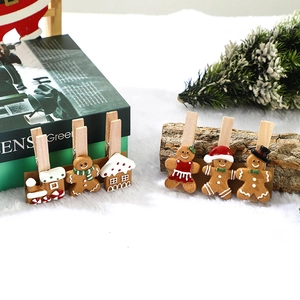 Pinces en bois bonhomme de pain d'épices et maison de neige sur un décor de neige blanche