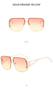 Detail view of square metal half-frame sunglasses with gold-orange gradient lenses