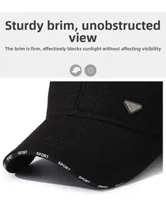 Detail of black winter baseball cap with ear flaps and sporty metal triangle side logo