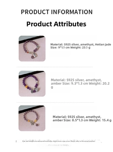 Detail view of S925 silver beaded bracelets with amethyst and Hetian jade stones