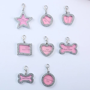 Pet ID Tag Mini Photo Frame Zinc Alloy Rhinestone Inlaid Dog Bone Star Heart Round Shape DIY Pet Identity Tag Jewelry