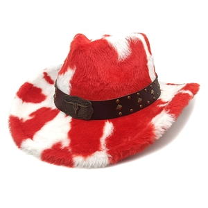 Red cow print faux fur western cowboy hat with studded leather band and bull head ornament