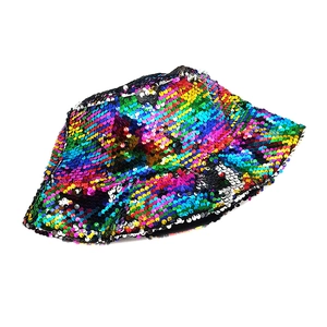 Macro detail of vibrant rainbow sequins on a stylish bucket hat for sun protection