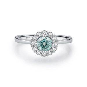 S925 sterling silver halo ring featuring light blue moissanite and round cut stones