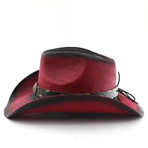 Two-tone gradient red and black straw cowboy hat with leather band and metal rivets