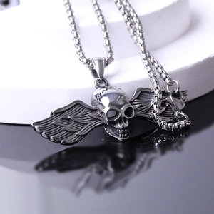 Gothic stainless steel skull pendant necklace with wings in vintage silver finish