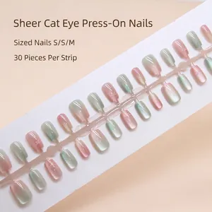 Press On Nails Pink Green Gradient Cat Eye Effect Short Ballet Shape Artificial False Nail Tips Glossy Sweet Style
