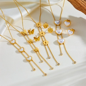 Stainless Steel Jewelry Butterfly Heart Flower Mother Of Artificial Pearl Zircon Necklace And Earrings For Women Elegant