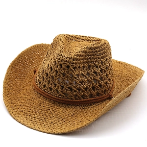 Ethnic hollow straw western cowboy hat for men with breathable brown woven texture