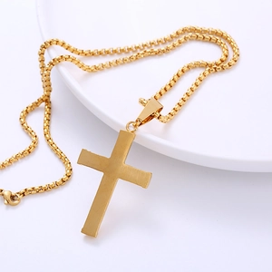 Vintage 18K gold plated stainless steel cross pendant necklace with box chain