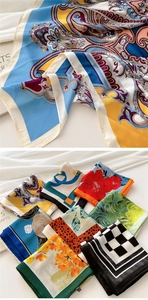 Detail of vibrant silk-like square scarf featuring assorted bohemian and floral patterns