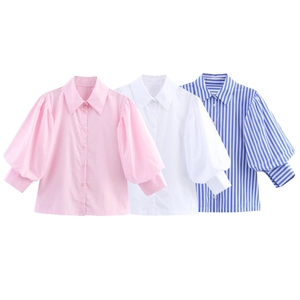 Elegant Puff Sleeve Shirt For Women Long Sleeve Button Down Blouse Casual Solid Striped Fashion Tops