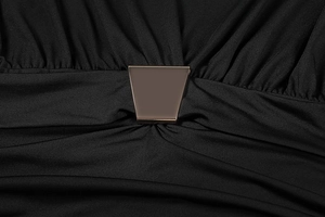 Detail of elegant black dress featuring waist pleats and a champagne gold metal buckle