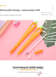 Detail of creative carrot gel pen with cute bunny miniature and removable refill design