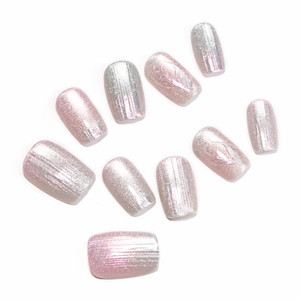 Pink aurora gradient press-on nails with mermaid cat-eye shimmer and glitter finish