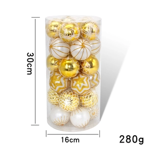 Detail of 6cm gold and white Christmas balls in cylinder box with size and weight specs