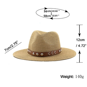 Khaki straw fedora hat for women featuring a brown leather band and silver rivet accents